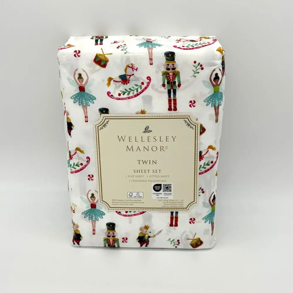 Wellesley Manor Nutcracker Suite TWIN Sheet Set Christmas Wooden Soldier NEW
